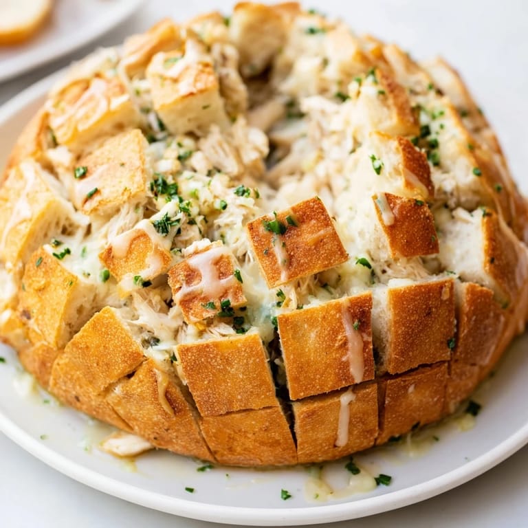Pulling apart the savory layers of this Cheesy Leftover Chicken Bake bread overflowing with melted cheese.