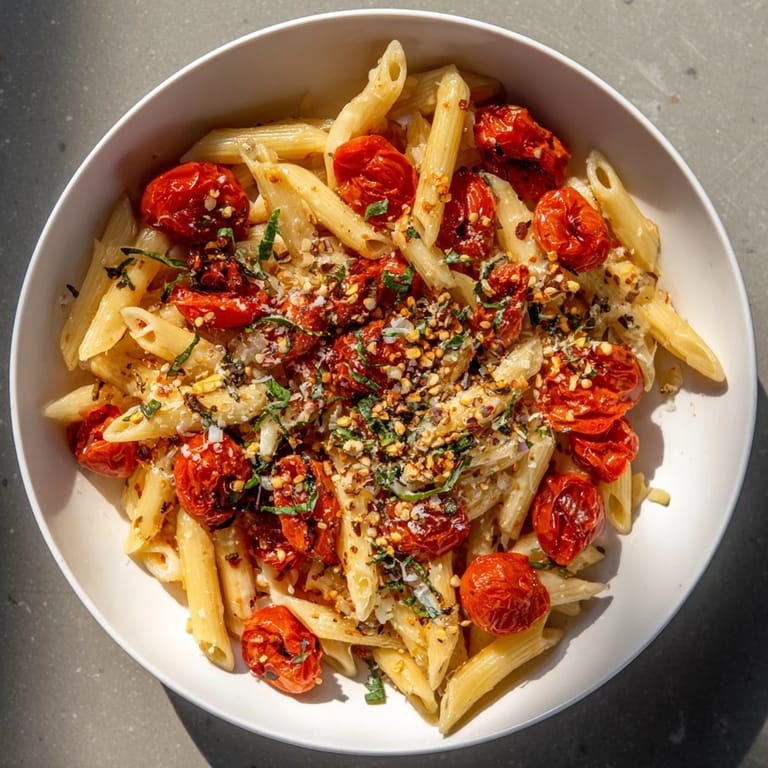 Golden baked tomatoes mingle with pasta in this Baked Tomato & Olive Oil Pasta, promising delightful Italian flavors.