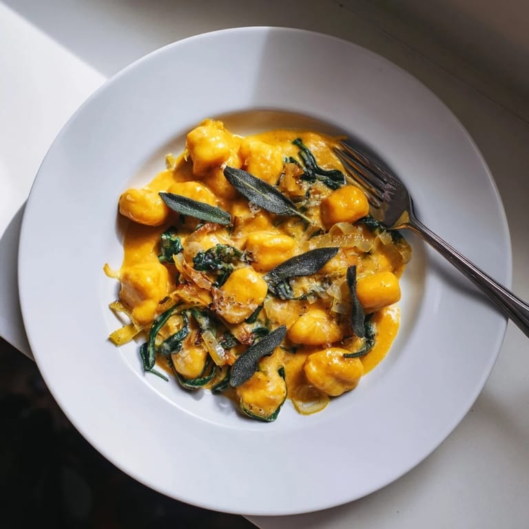 Plated One-Pot Creamy Pumpkin Sage Gnocchi pasta, featuring soft gnocchi in rich pumpkin sauce.