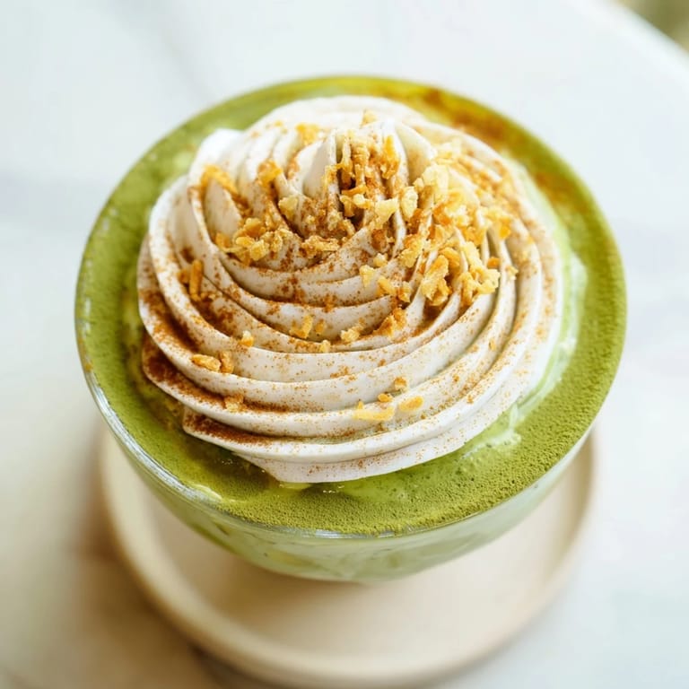 Enjoy the visually stunning Toasted Coconut Gingerbread Iced Matcha, topped with toasted coconut and whipped cream.