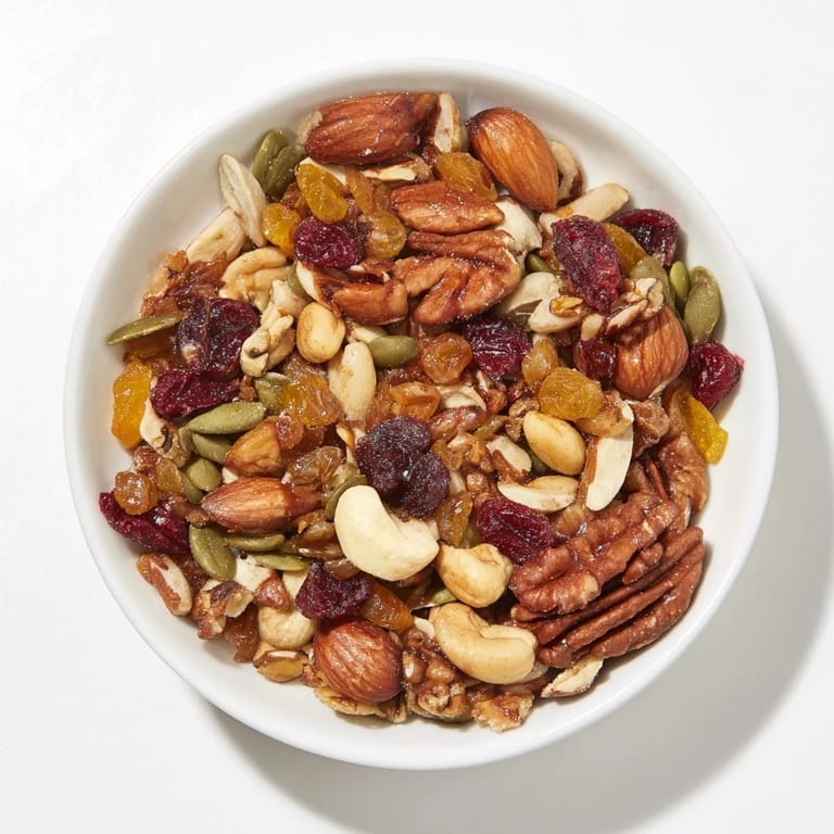 Enjoy a close-up of the flavorful, homemade Nutty Nosh Squirrel Snack Mix with dried fruits.