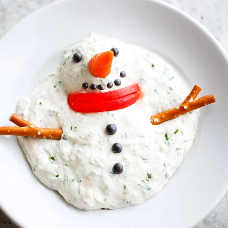 Festive Melted Snowman Dip, a kid-friendly appetizer, garnished with bell pepper scarves and olive eyes.