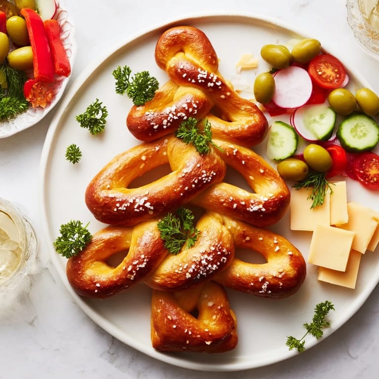 Enjoy a delicious Bretzel Arbre de Vie platter showcasing soft pretzels with savory bites and creamy dips.