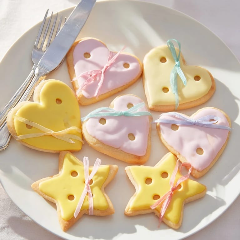 Freshly baked Mignonneries Coeurs et Étoiles Rubans, golden star and heart cookies, ready to be tied up.