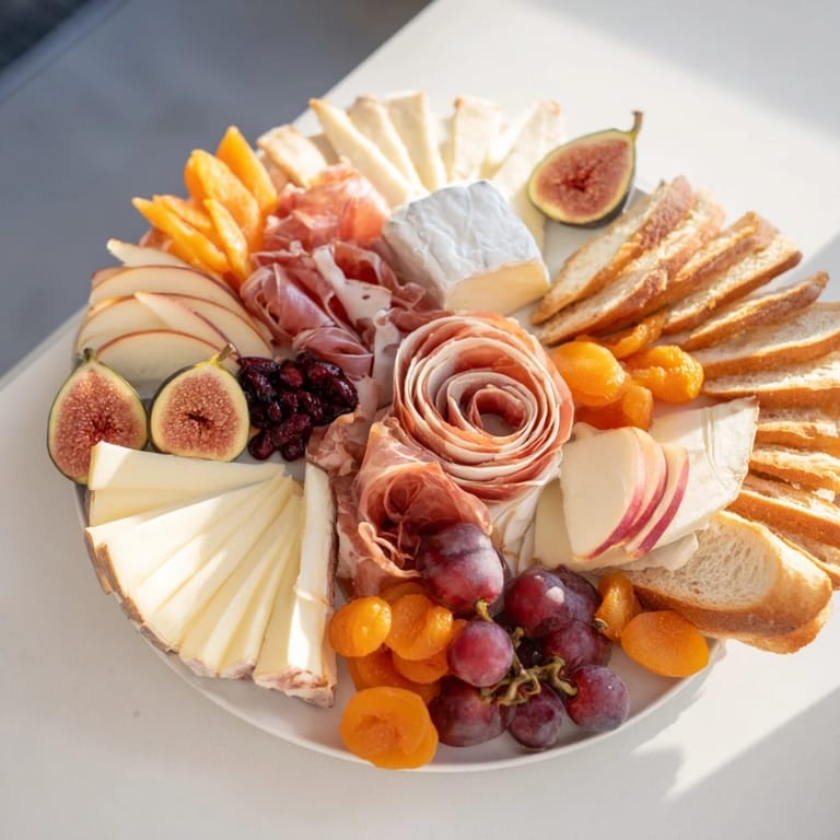 Imagine a lavish Moments Magiques Plateau Bonne Année 2026 display with delicious cheeses, charcuterie, and fresh colorful fruit.