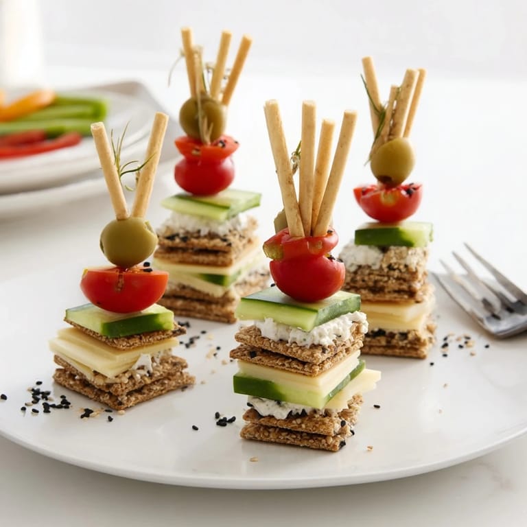 Delectable Urban Skyscraper Appetizers feature colorful layers of cheese, veggies, and crackers, ready to eat.
