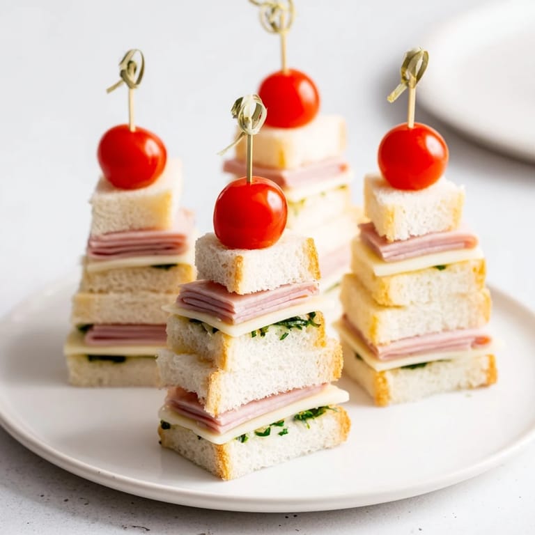 Deliciously cheesy Ham and Cheese Mini Sandwiches, cut into holiday Christmas tree shapes, ready to serve and enjoy.