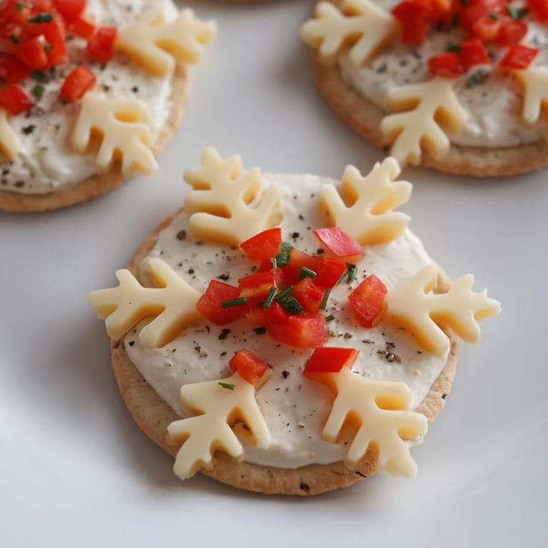 Close-up of savory cracker and cheese snowflake design, garnished with fresh herbs and colorful bell pepper.