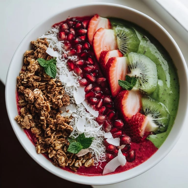 A layered top-down view of the colorful Festive Red and Green Smoothie Bowls, ready for a healthy brunch.