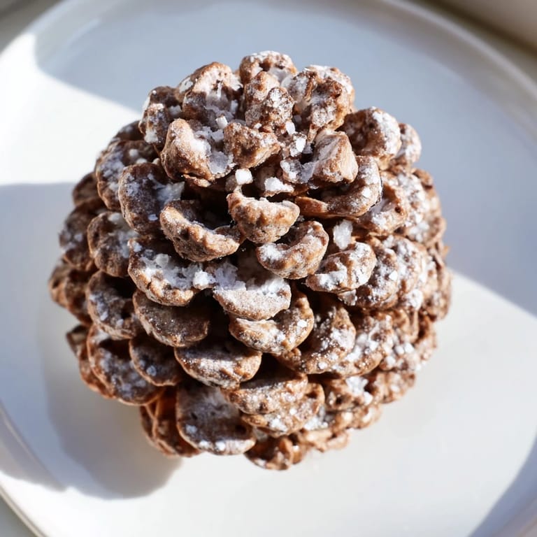 Close-up of delightful pinecone-shaped nut butter snacks dusted with powdered sugar, ready to eat.