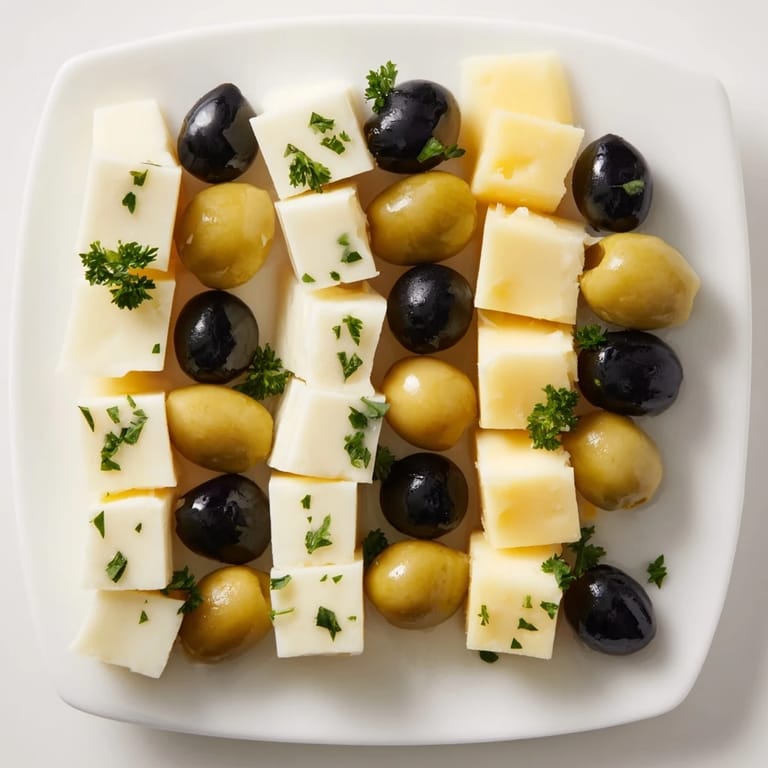 The cheese and olive chessboard appetizer, beautifully arranged with contrasting colors, ready to serve.