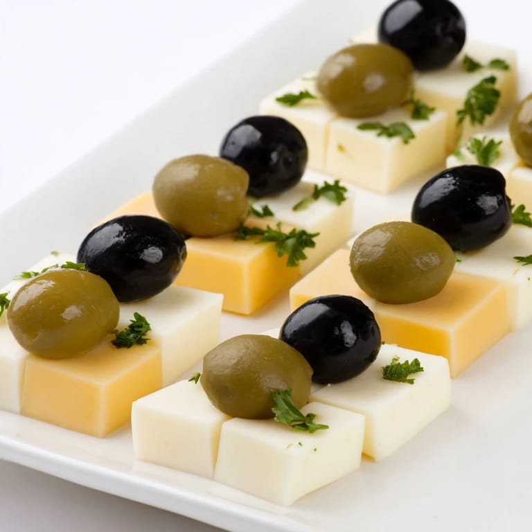 Freshly assembled cheese and olive chessboard, ideal for sharing, offering a delightful bite.