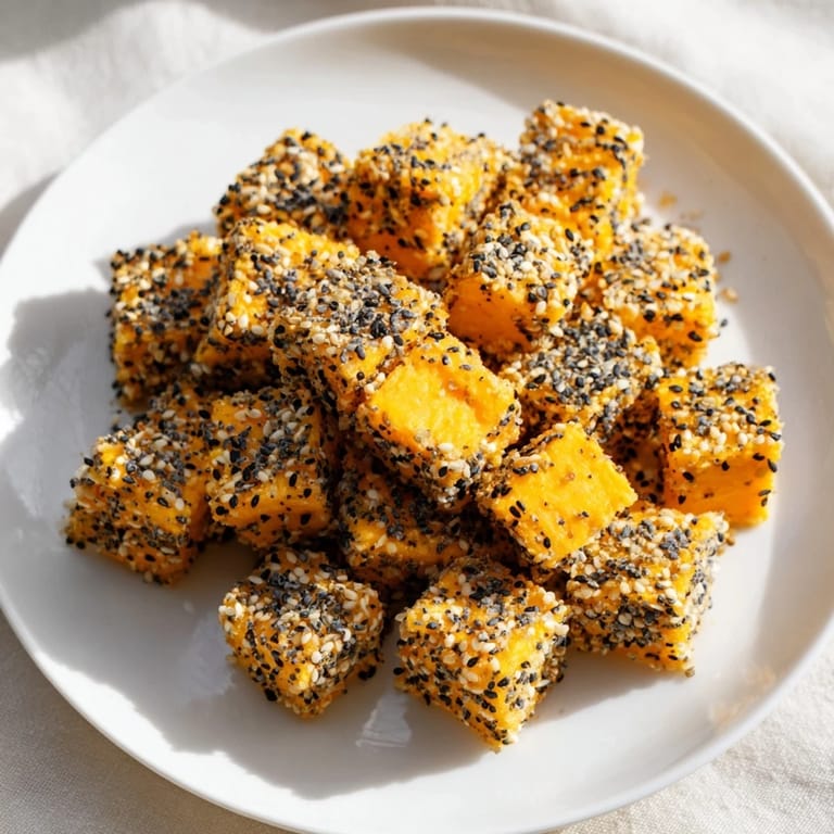 These vibrant, bite-sized Salty Bites: Everything Bagel Seasoning Cheese Cubes show a textural cheese coating sprinkled with seeds.
