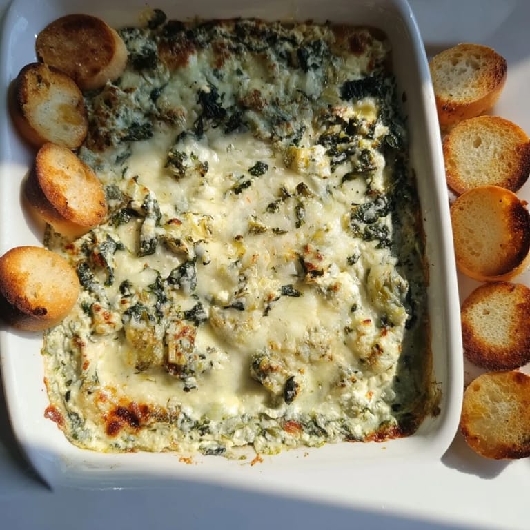 A comforting dish; oven-baked Spinach Artichoke Dip, speckled with artichokes, ready to serve.