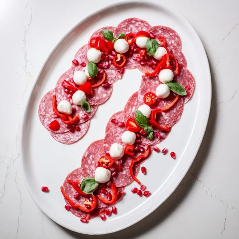 A stunning Candy Cane Zigzag appetizer, showcasing salami, mozzarella, and juicy red accents for the holidays.