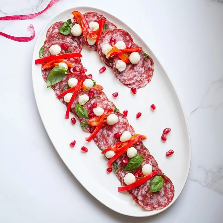 Visually striking Candy Cane Zigzag, a gorgeous party board featuring cheeses, crackers, and delicious garnishes.
