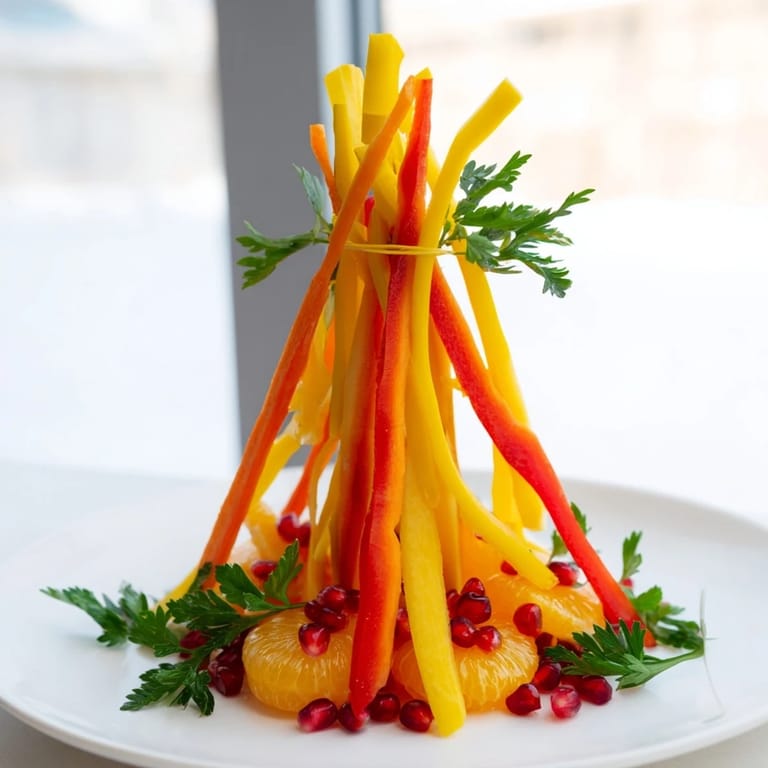 Appetizing Bonfire Warmth Centerpiece, arranged with carrot flames, mandarin 'embers', and serving suggestions of dip.