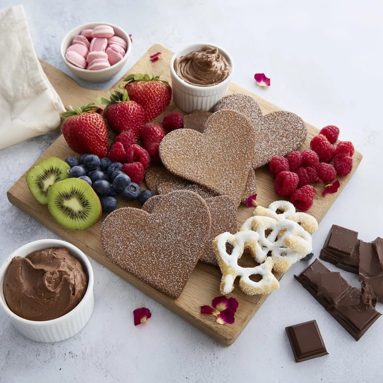 Sweet and vibrant Love Letter Dessert Board features heart-shaped cookies, a variety of chocolates, and fresh berries.