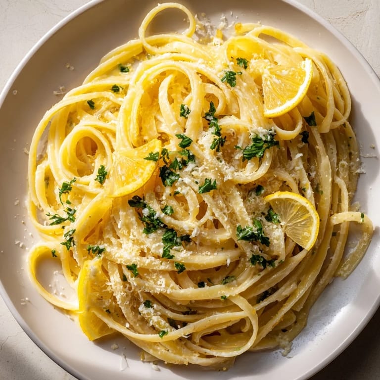 This close-up reveals a delicious bowl of Lemon-Garlic Greek Yogurt Pasta, ready to be enjoyed.