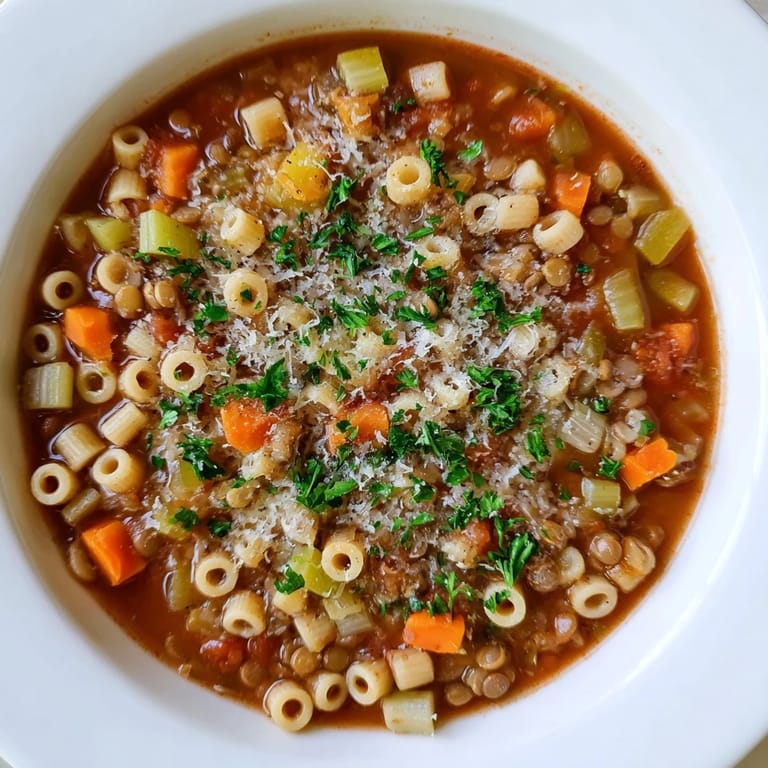 Spoonful of savory Ditalini and Lentil Soup showing lentils, pasta, and rich tomato broth.