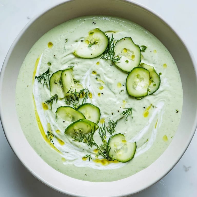 Cool, creamy Chilled Cucumber Garlic Soup garnished with fresh dill and thinly sliced cucumbers.