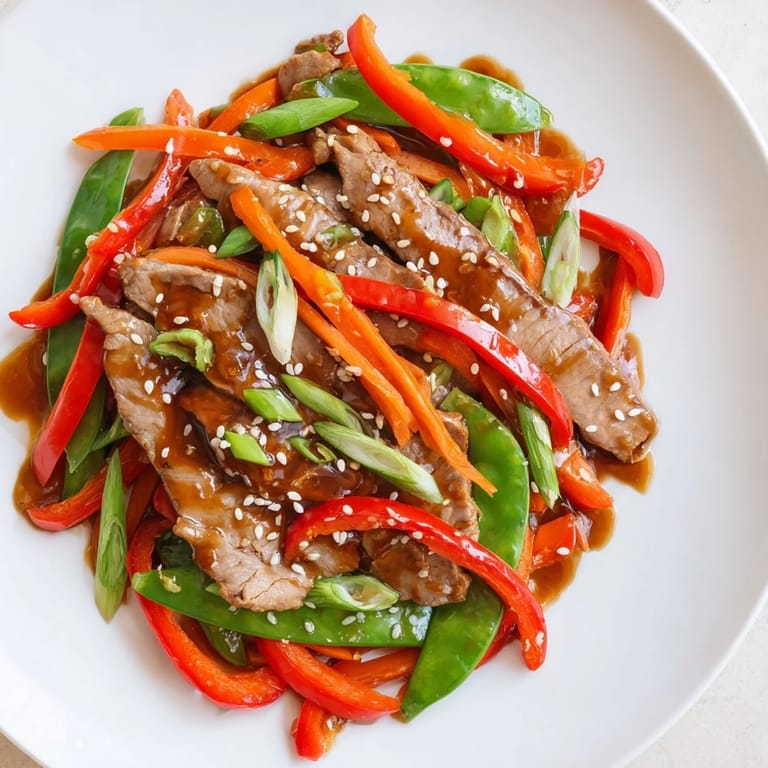 This Sweet Teriyaki Pork Stir-Fry boasts a wonderfully glossy sauce coating tender pork and colorful vegetables.