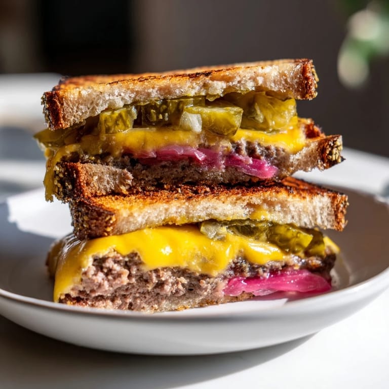 Melted cheese oozes from a Smashed Burger Grilled Cheese loaded with toppings served on a golden plate.