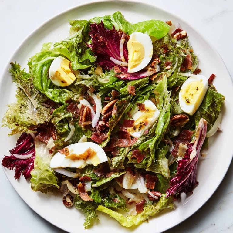 A close-up of a rustic bitter greens salad with warm bacon dressing, featuring crisp bacon.