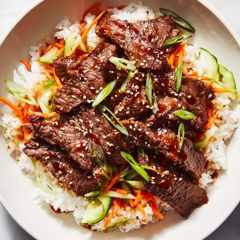 Savory bulgogi beef bowl, a Korean favorite, featuring perfectly cooked beef and a sprinkle of sesame seeds.