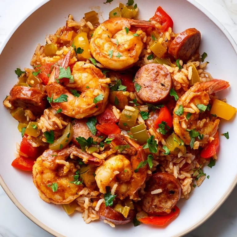 Close-up of a steaming Jambalaya Skillet, showcasing the rich colors and textures of the Creole dish.