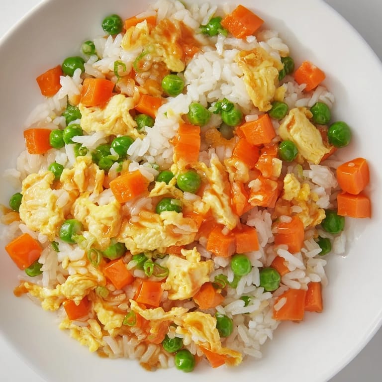 A close-up of steaming Egg Fried Rice, showcasing vibrant veggies and seasoned, leftover rice.