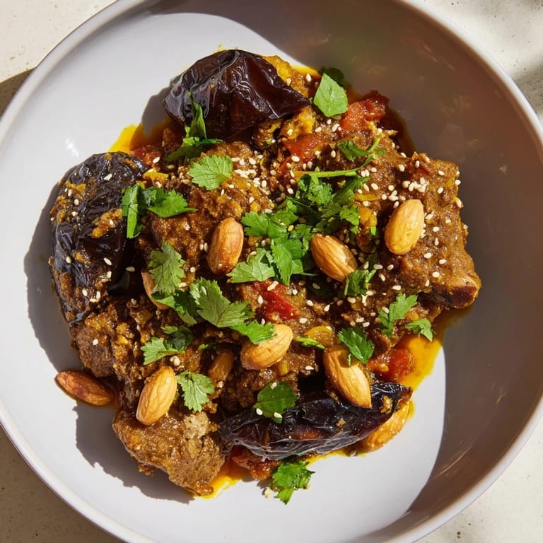 Garnished Moroccan Lamb Tagine with sesame seeds and herbs, ready to be served with fluffy couscous.