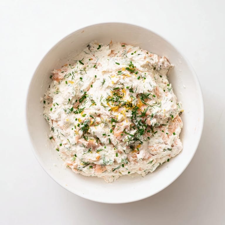 Smooth smoked salmon dip spread on a crispy bagel chip, topped with extra herbs and a hint of lemon zest.  