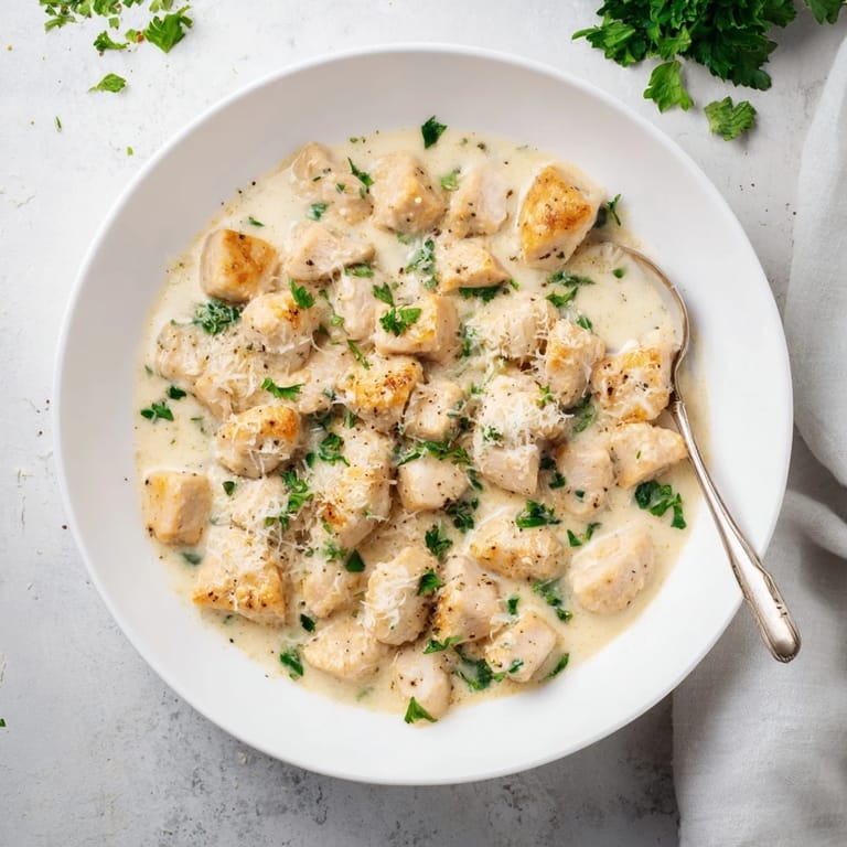 Golden-brown Creamy Garlic Chicken Bites in a creamy Parmesan sauce, served over pasta with garlic bread on the side.  