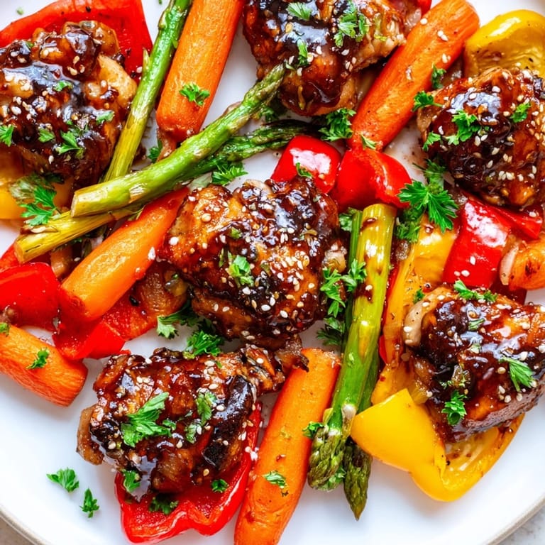 Caramelized chicken and tender spring vegetables in a glossy honey garlic sauce, perfect for a quick and easy weeknight dinner.