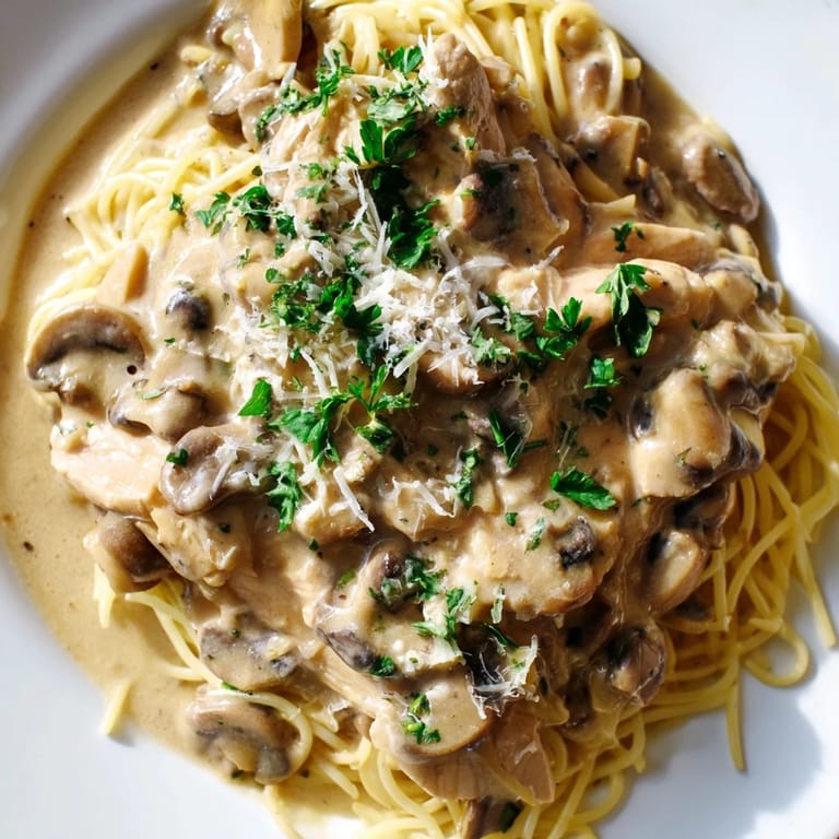 Steaming bowl of creamy mushroom chicken spaghettini with sautéed cremini mushrooms, garlic, and Parmesan, ready for a comforting Italian-inspired dinner.