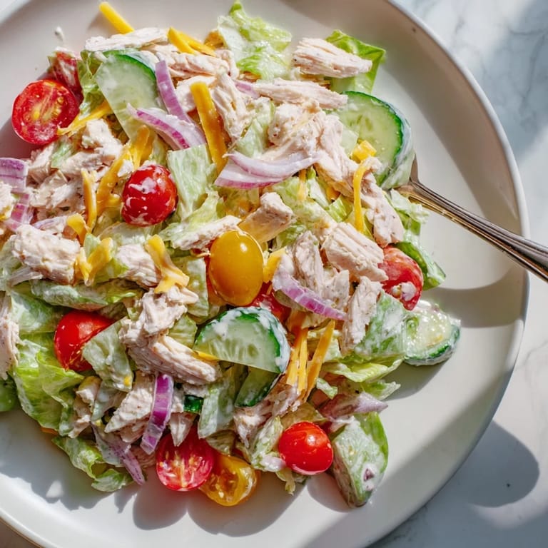 Jalapeño Ranch Chicken Salad served in a bowl, topped with crunchy tortilla strips and cheddar cheese for extra flavor.