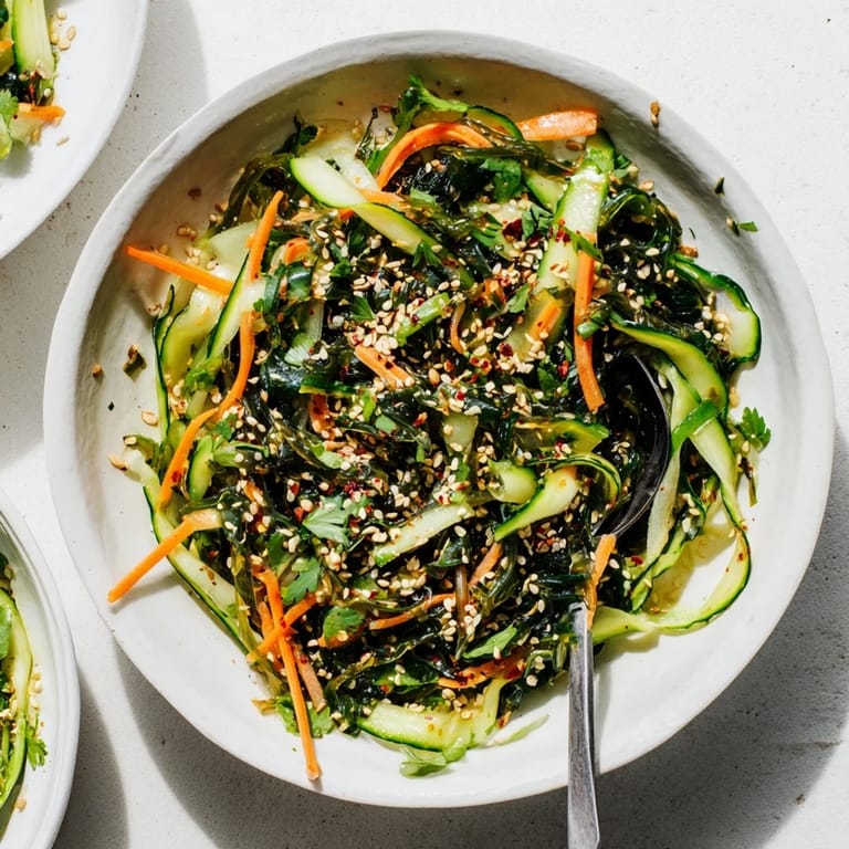 Colorful Japanese Seaweed Salad with glistening sesame dressing, sliced cucumbers, and julienned carrots on a white plate.
