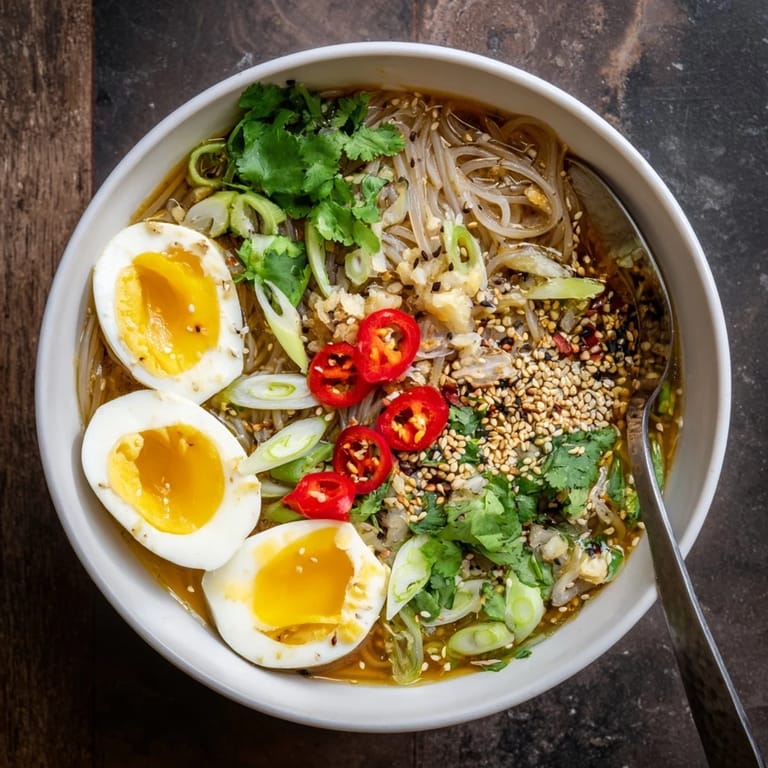 Hearty Shirataki Noodles With Broth featuring tender noodles in rich bone broth, topped with chili slices and toasted sesame seeds.