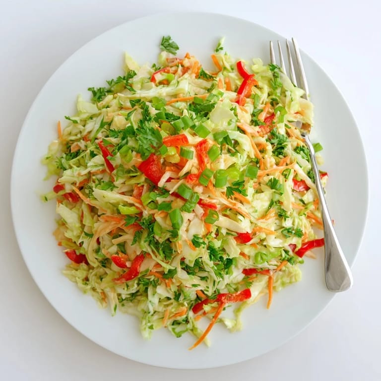 Healthy vegan Sauerkraut Slaw served chilled, topped with crisp red bell pepper slices, green onions, and fresh parsley garnish.  