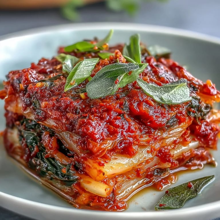 Spicy, tangy kimchi served in a small dish, garnished with scallions, ready to accompany rice or grilled meats.