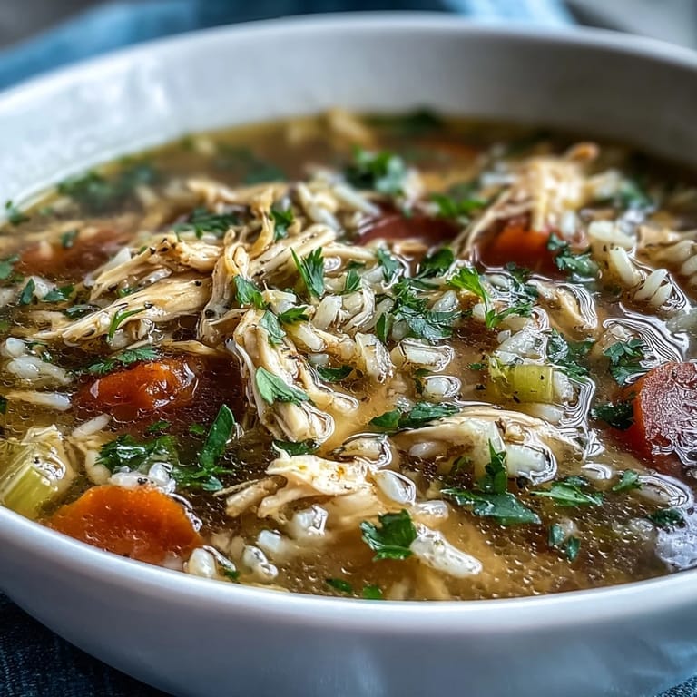Hearty Cozy Winter Chicken and Rice Soup served hot in a rustic bowl with a spoon.