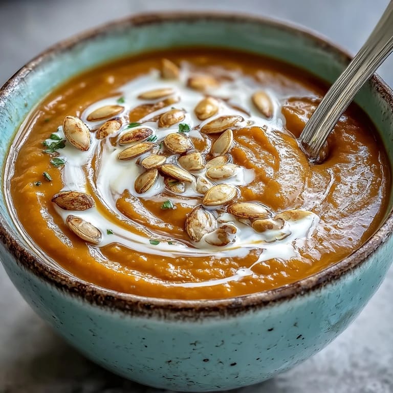 Hearty pumpkin soup with vibrant orange hues and a drizzle of cream, perfect for a cozy autumn meal.