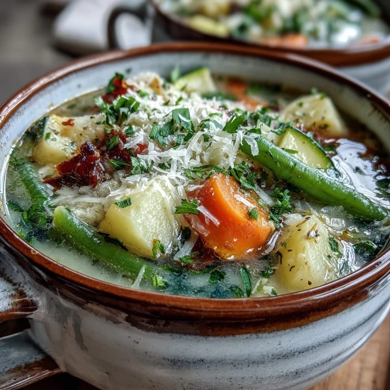 Comforting Parmesan Veggie Soup served in a rustic mug with crusty bread for dipping alongside fresh herbs.