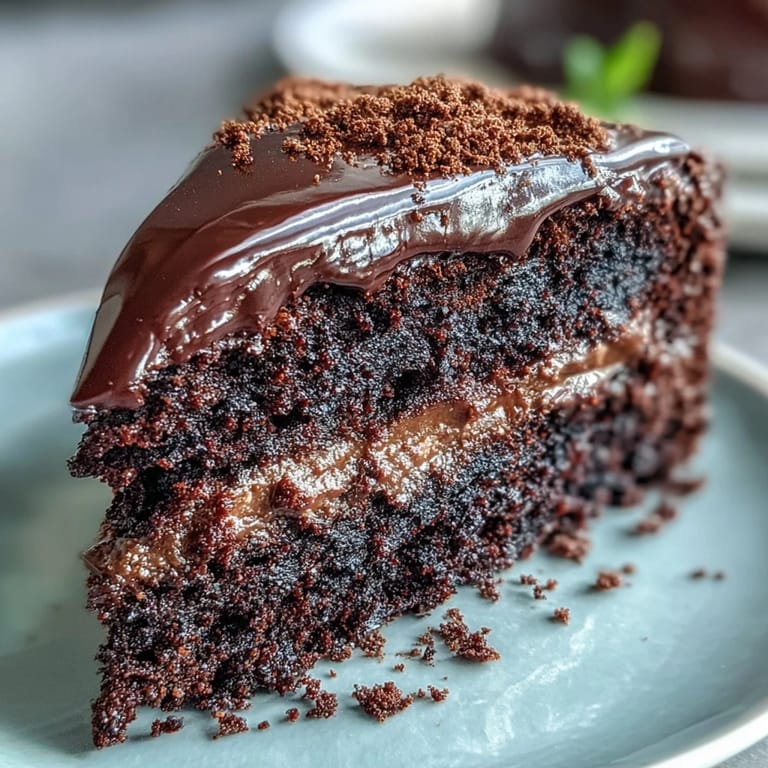 A slice of Easy Chocolate Fudge Cake reveals a rich, dense texture, plated with whipped cream and a dusting of cocoa powder for serving.