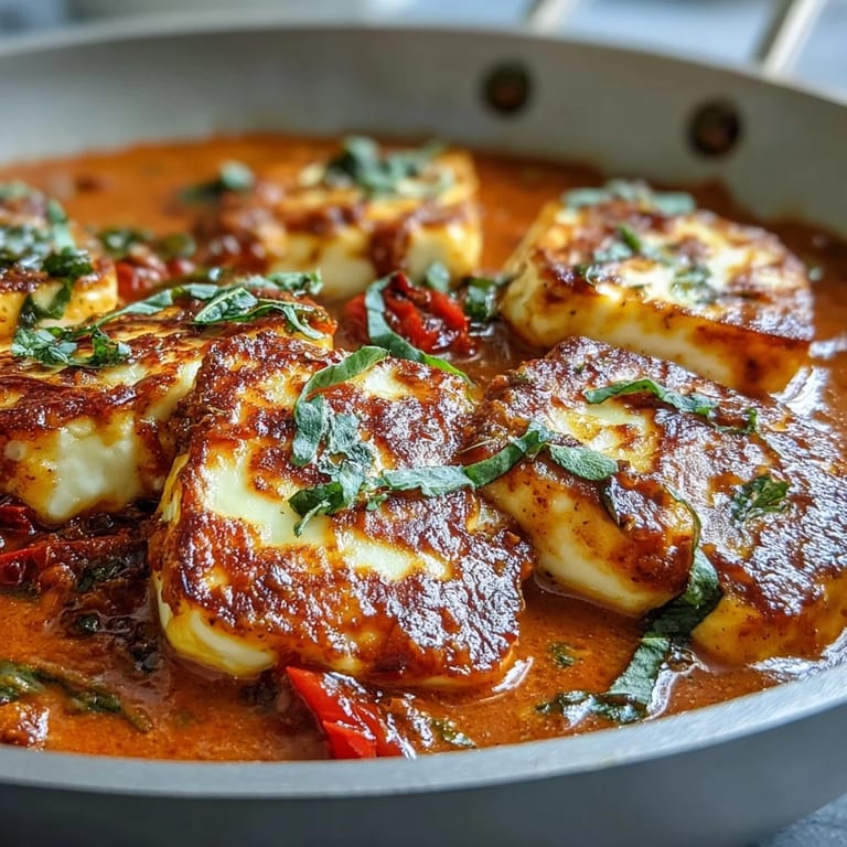 Golden fried halloumi cubes in a rich, silky tomato coconut curry sauce.