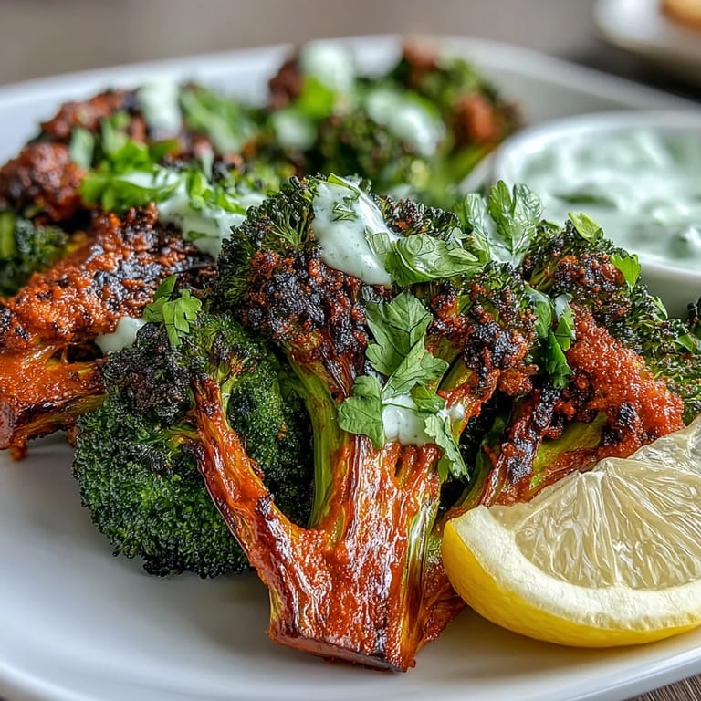 A vibrant, spicy harissa broccoli and flatbreads platter garnished with lemon wedges and cool yogurt.
