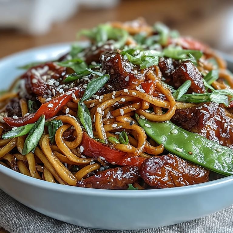 Close-up of Pork Noodle Stir-Fry highlighting juicy pork, crunchy sugar snap peas, and vibrant carrots coated in rich, glossy Asian-inspired sauce.
