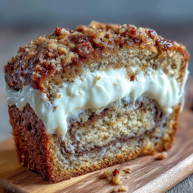 Warm Cream Cheese Cinnamon Swirl Banana Bread is topped with a melting pat of butter and served on a white ceramic plate for breakfast.