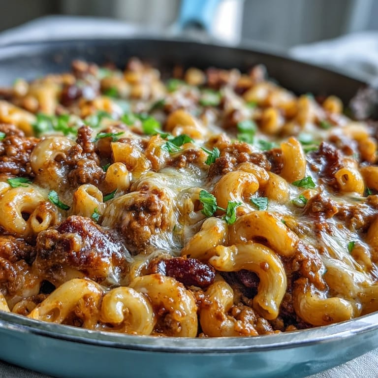 Savory One-Pan High Protein Chili Mac topped with green onions and sour cream next to crunchy tortilla chips for dipping.